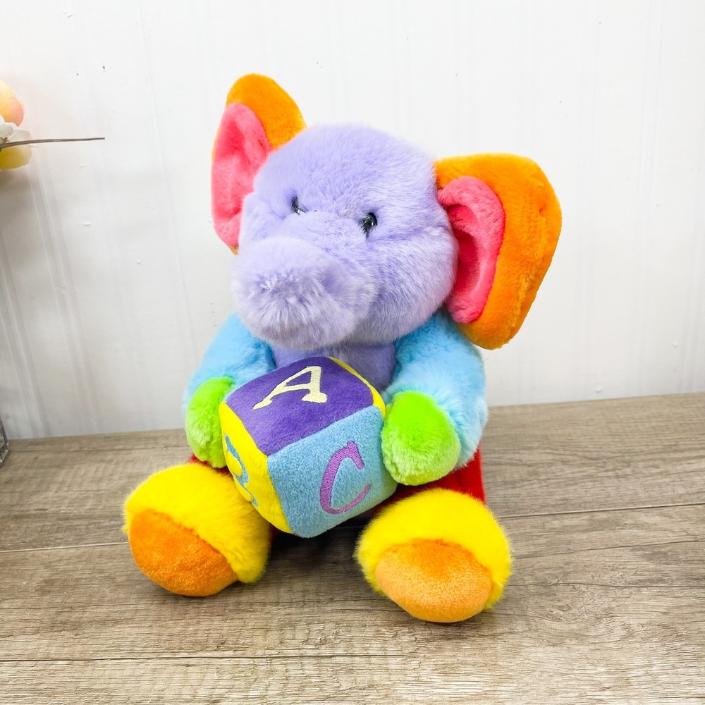 Aurora Baby Rainbow Elephant Plush Stuffed Animal ABC Block Purple Blue 9 inch